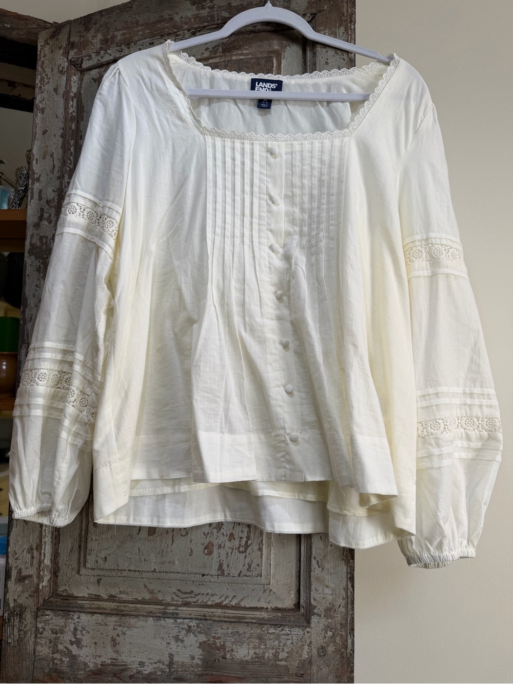 Lands' End Ivory Button-Front Peasant Blouse